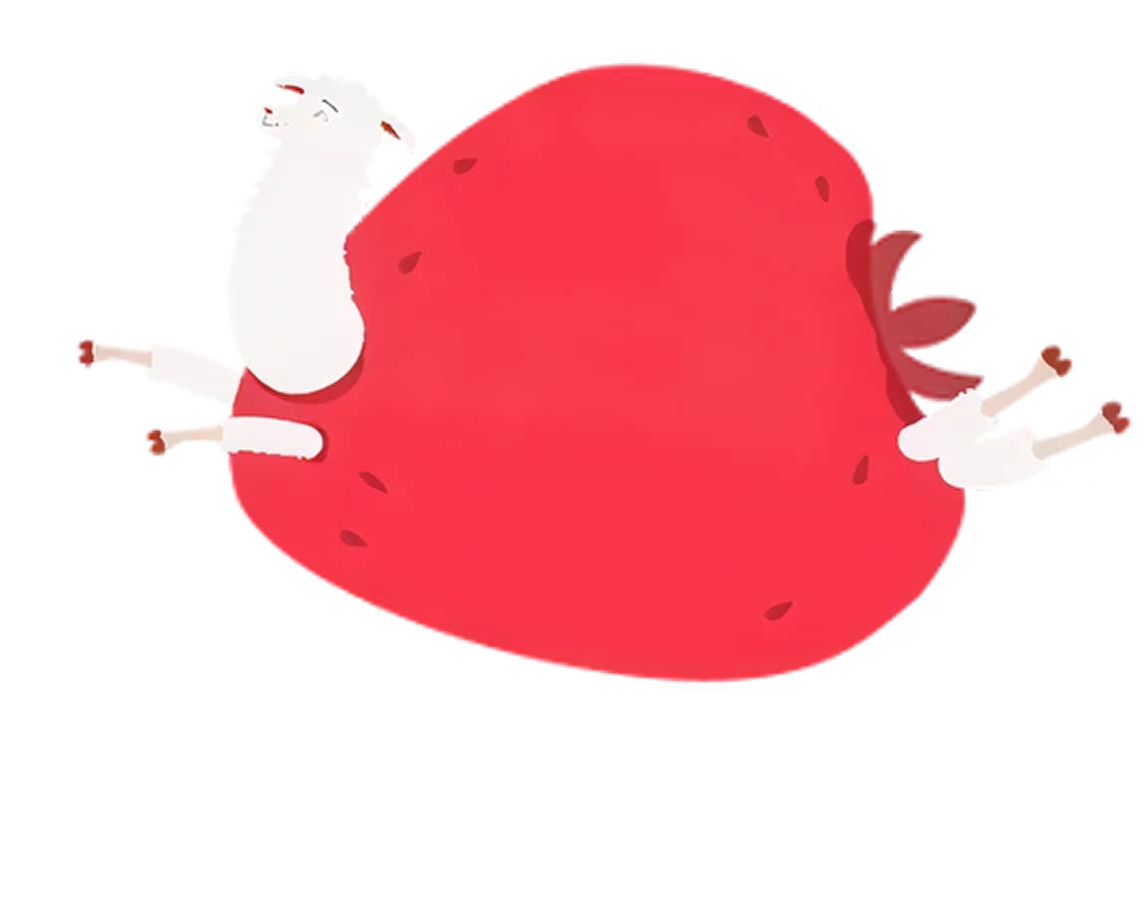 A cartoon illustration of a llama flying on its back on top of a giant strawberry.