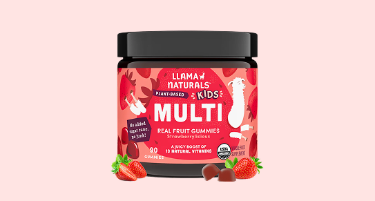 A jar of Llama Naturals Kids Multi gummies with strawberries and two gummies in front of it.