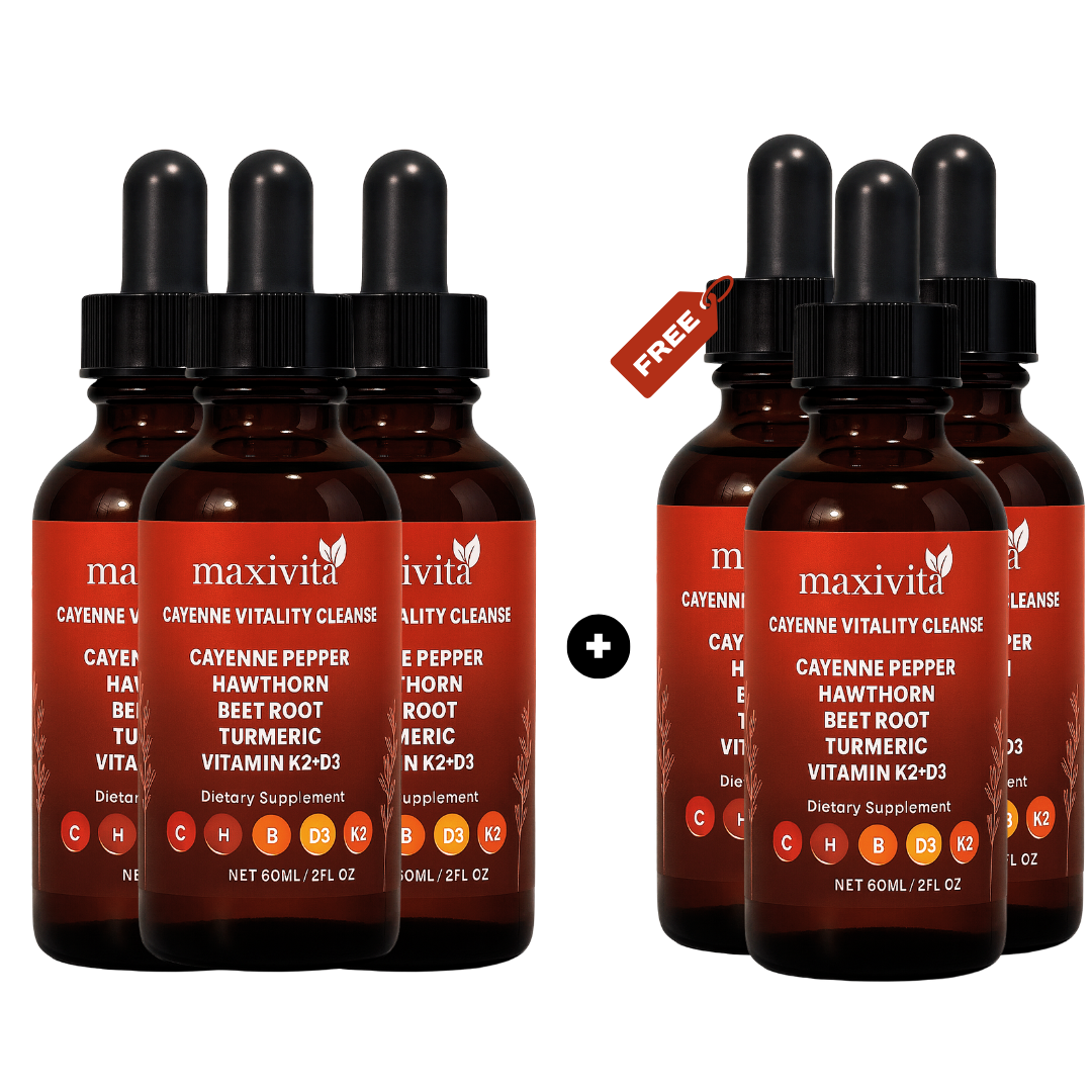 Six bottles of Maxivita Cayenne Vitality Cleanse with droppers on a white background.