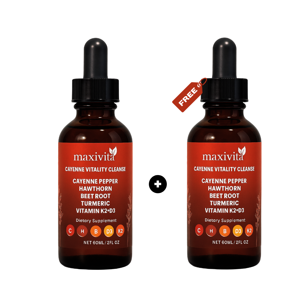 Two bottles labeled 'Maxivita Cayenne Vitality Cleanse,' with a 'Free' tag on one.