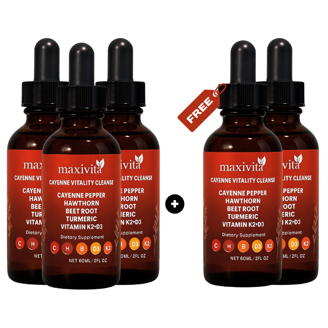 Six brown dropper bottles, labeled Cayenne Vitality Cleanse, with a 'Free' tag on one.