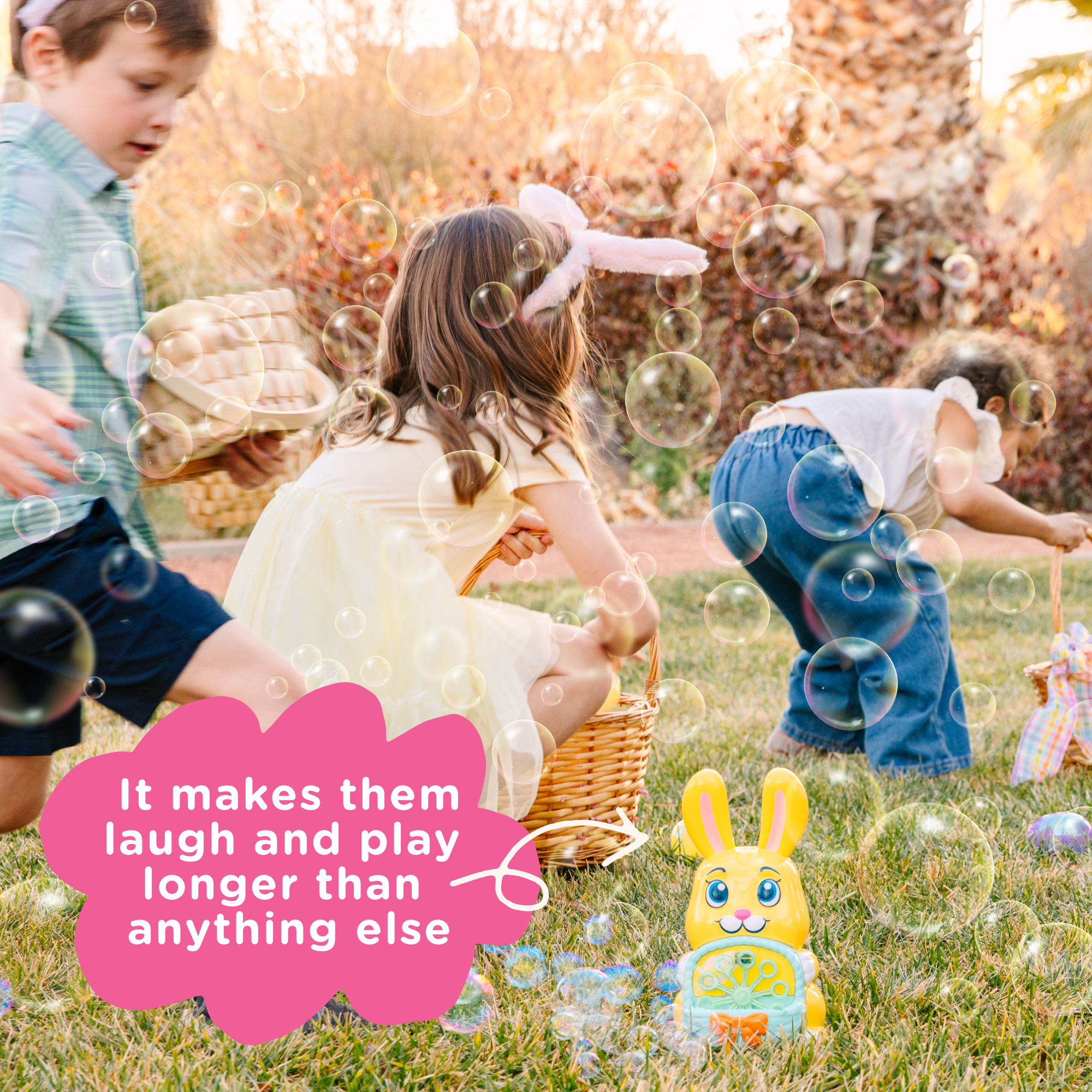 Children playing outdoors with bubbles and a yellow toy bunny.