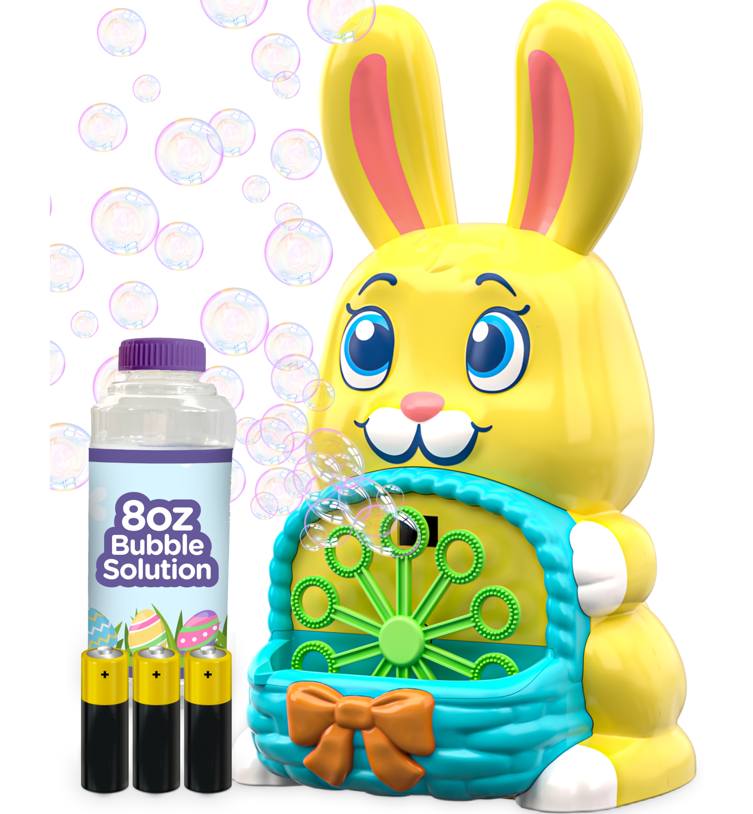 Yellow bunny bubble machine with bottle of bubble solution and batteries.