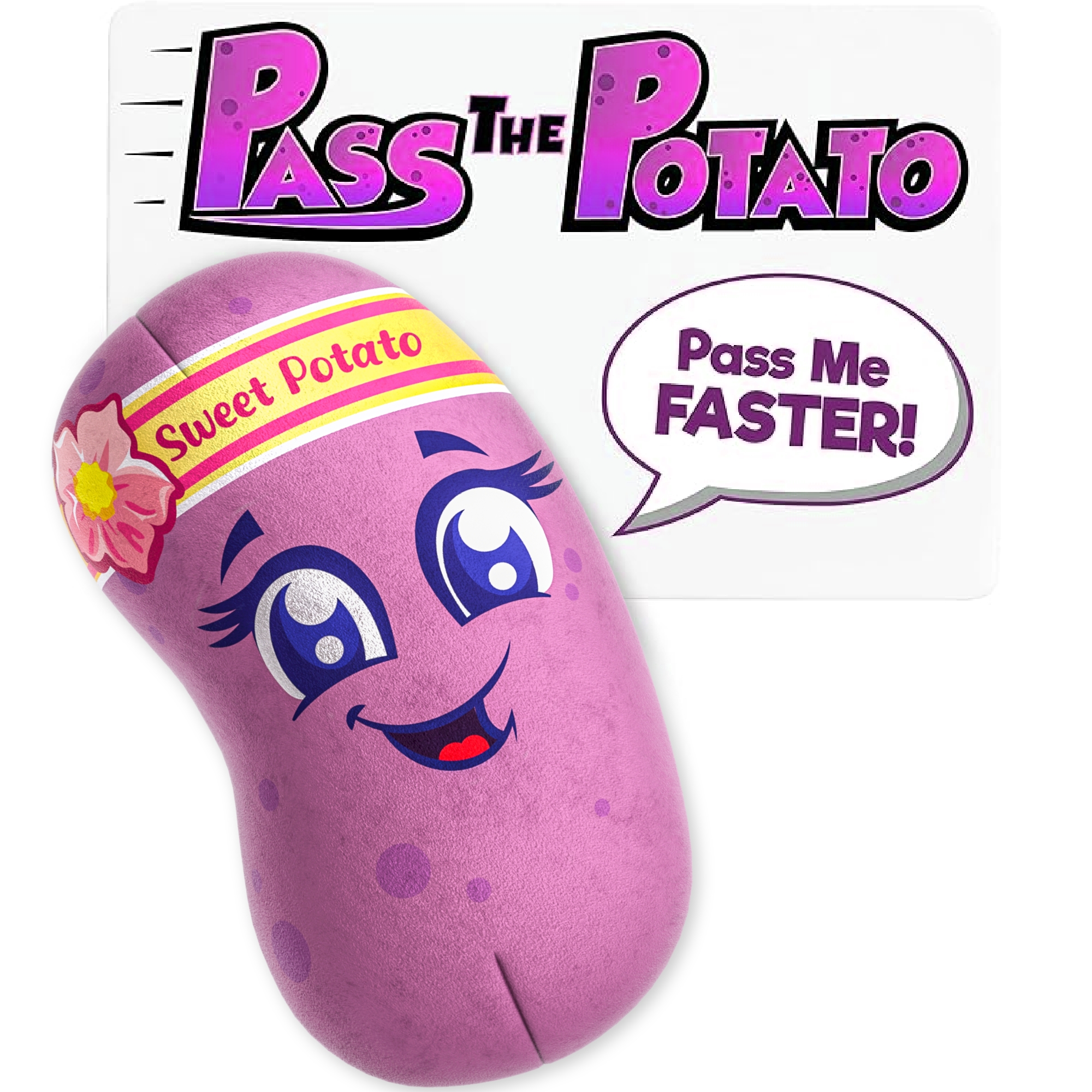 A smiling purple potato toy with text 'Pass The Potato' and 'Pass Me Faster!'.