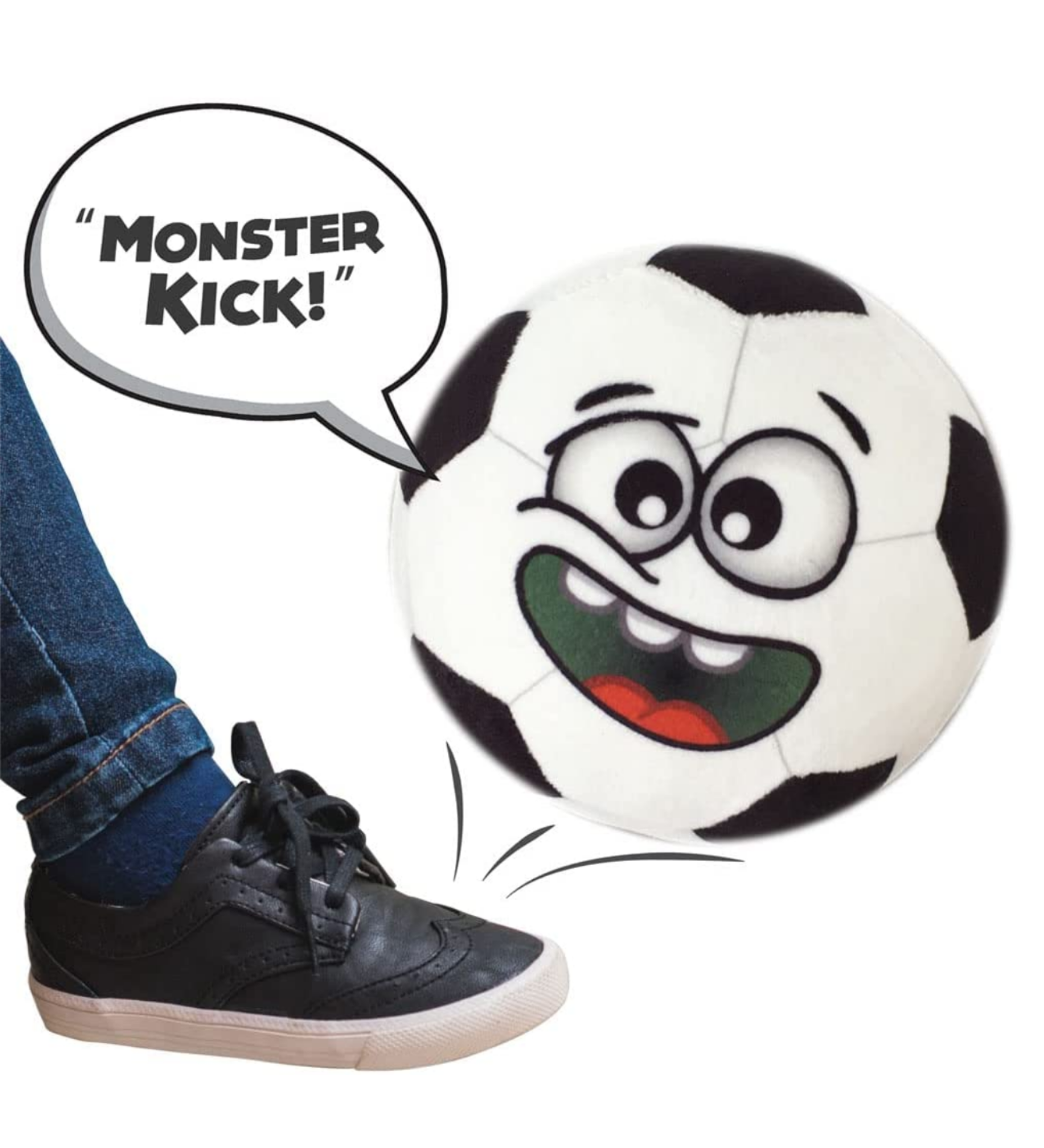 A cartoon-faced soccer ball with speech bubble saying 'Monster Kick!' being kicked by a shoe.