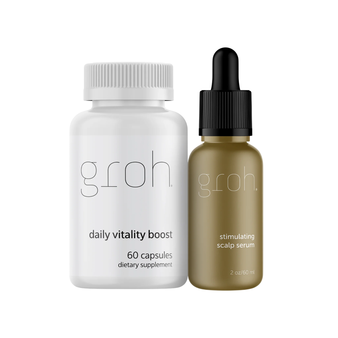 A white bottle of Groh Daily Vitality Boost supplements next to a bottle of Groh Stimulating Scalp Serum.