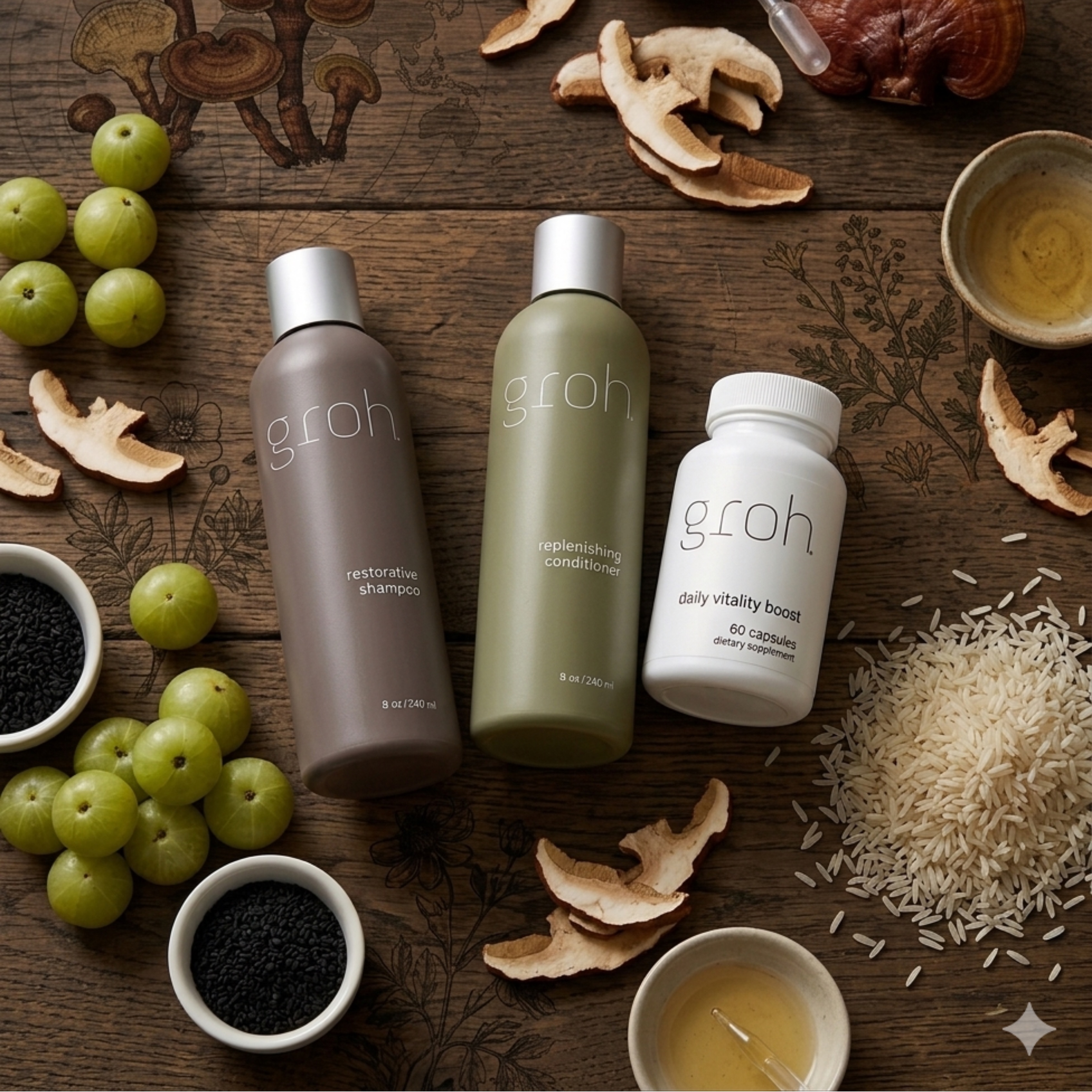 Groh hair and supplement products arranged on a wooden surface with ingredients like mushrooms, berries, and rice.