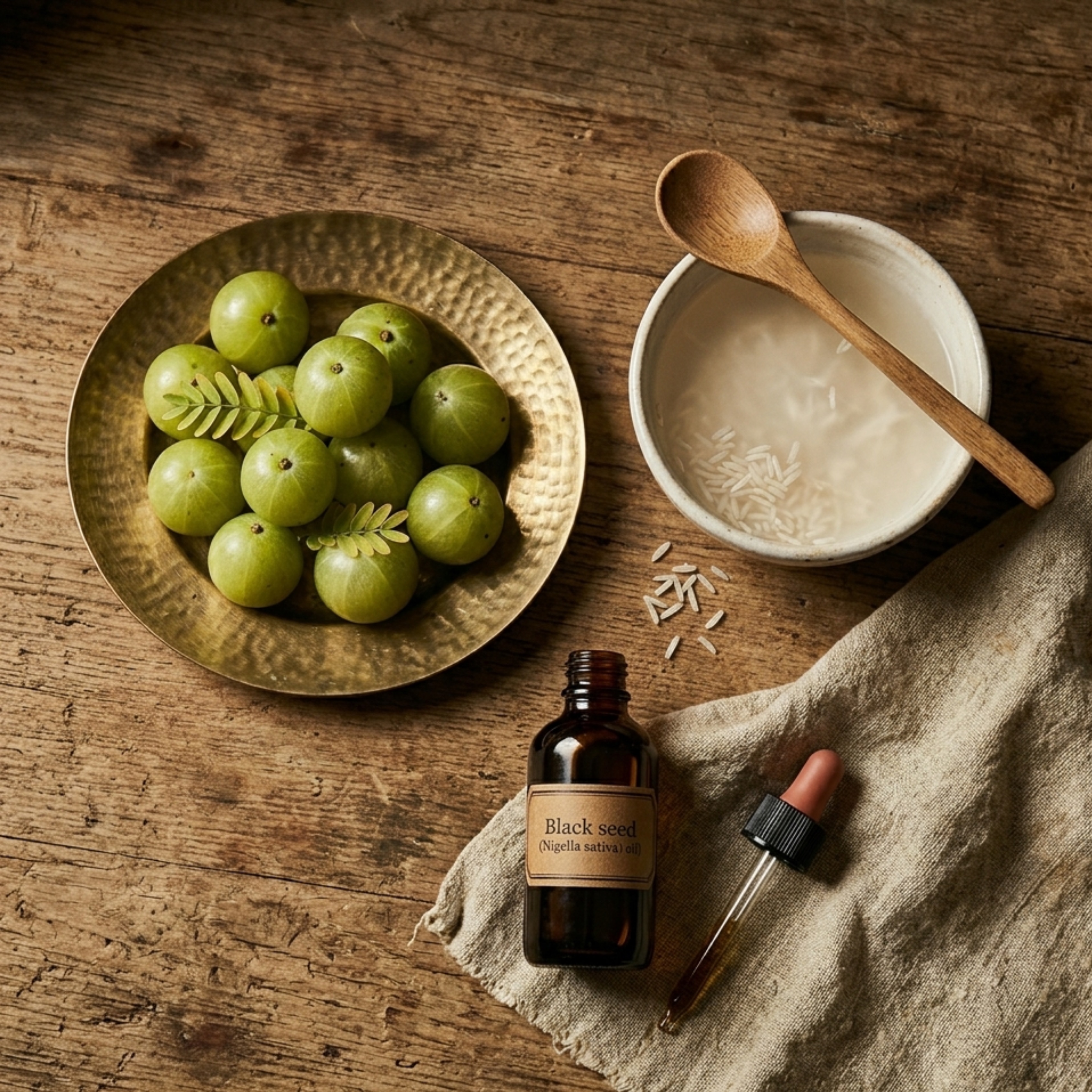 An overhead shot of amla, rice water, and a bottle of black seed oil on a wooden surface.