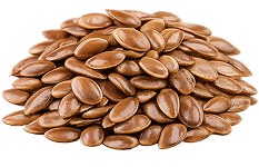 A close-up photo of a small pile of brown flax seeds on a white background.