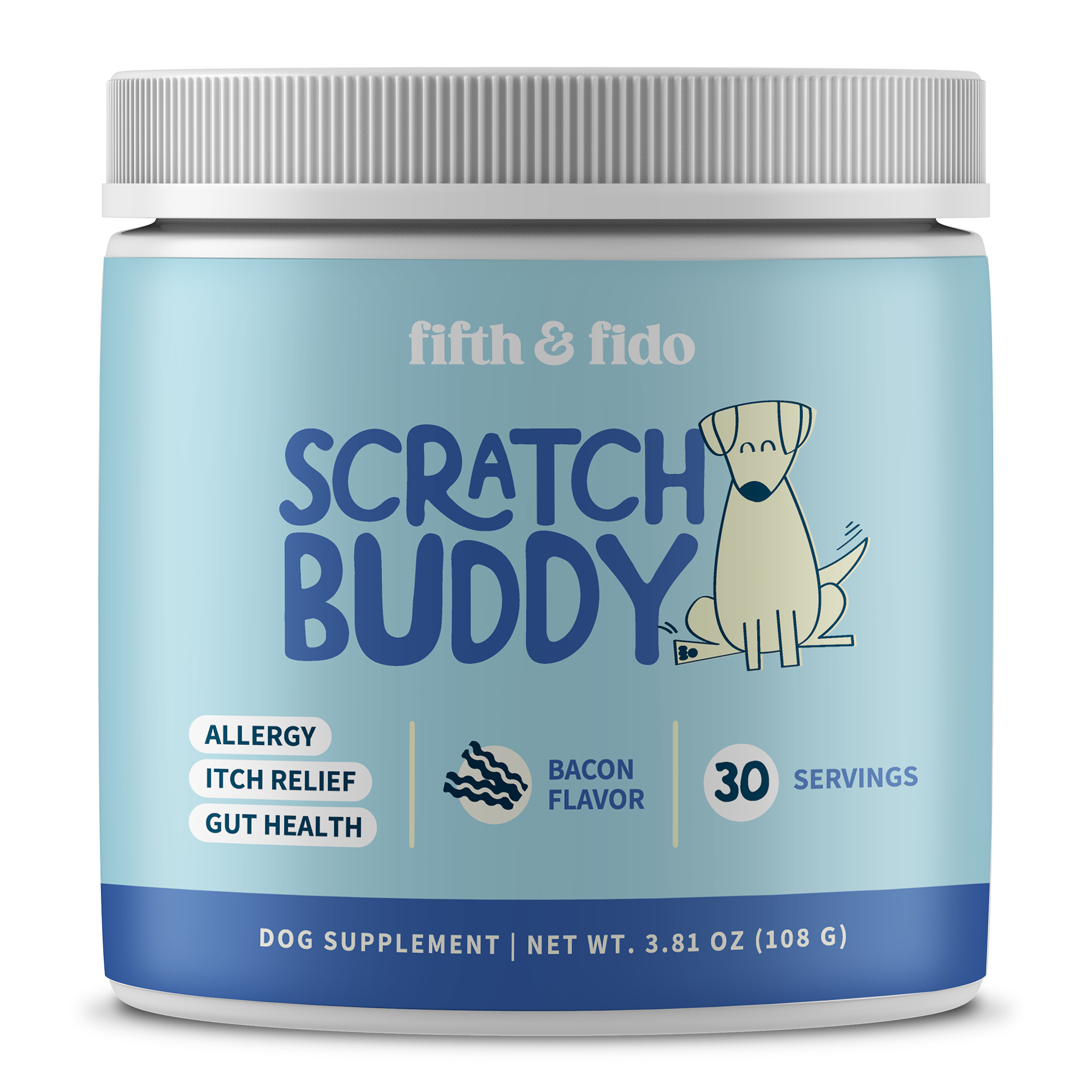 A jar of fifth & fido Scratch Buddy dog supplement for allergy and itch relief.