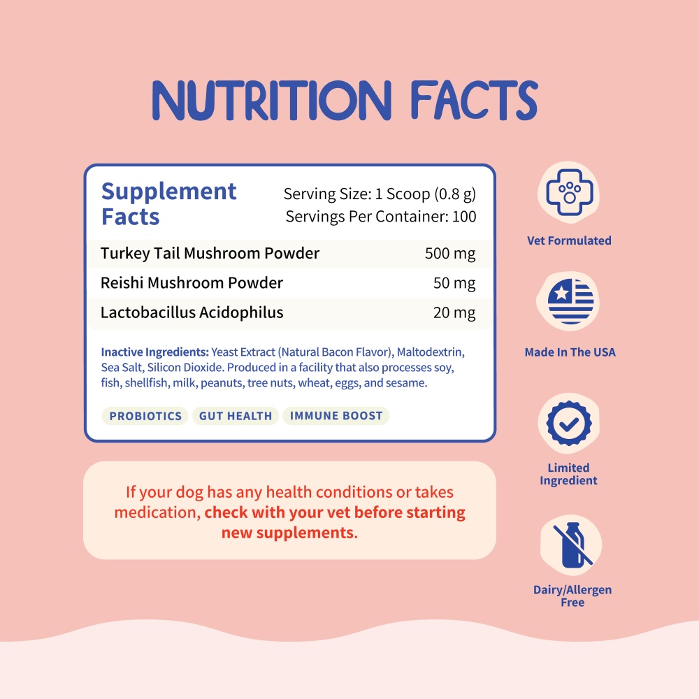 'Advertisement highlighting organic turkey tail mushroom, probiotics, and product benefits like non-GMO and organic certification.'