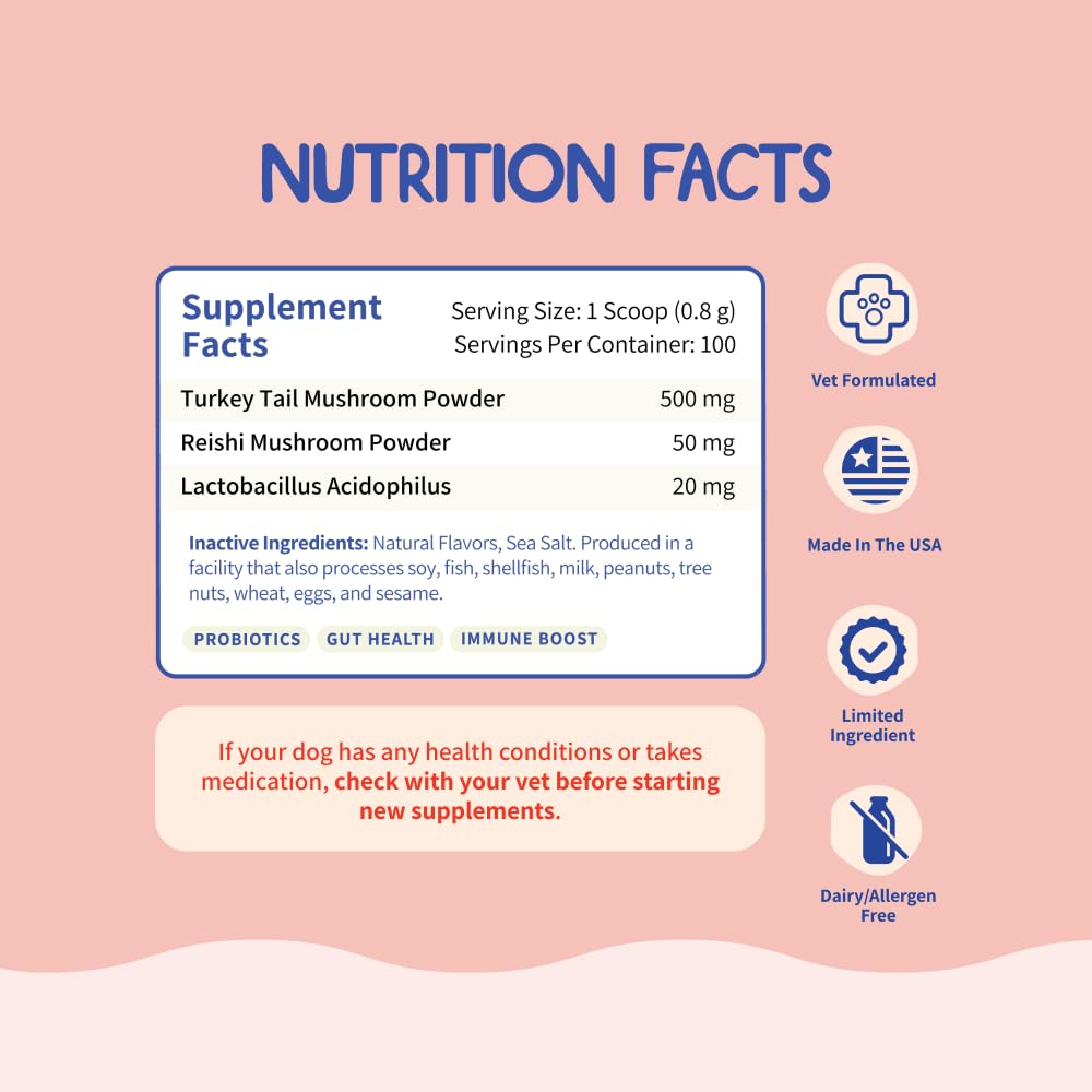 'Advertisement highlighting organic turkey tail mushroom, probiotics, and product benefits like non-GMO and organic certification.'