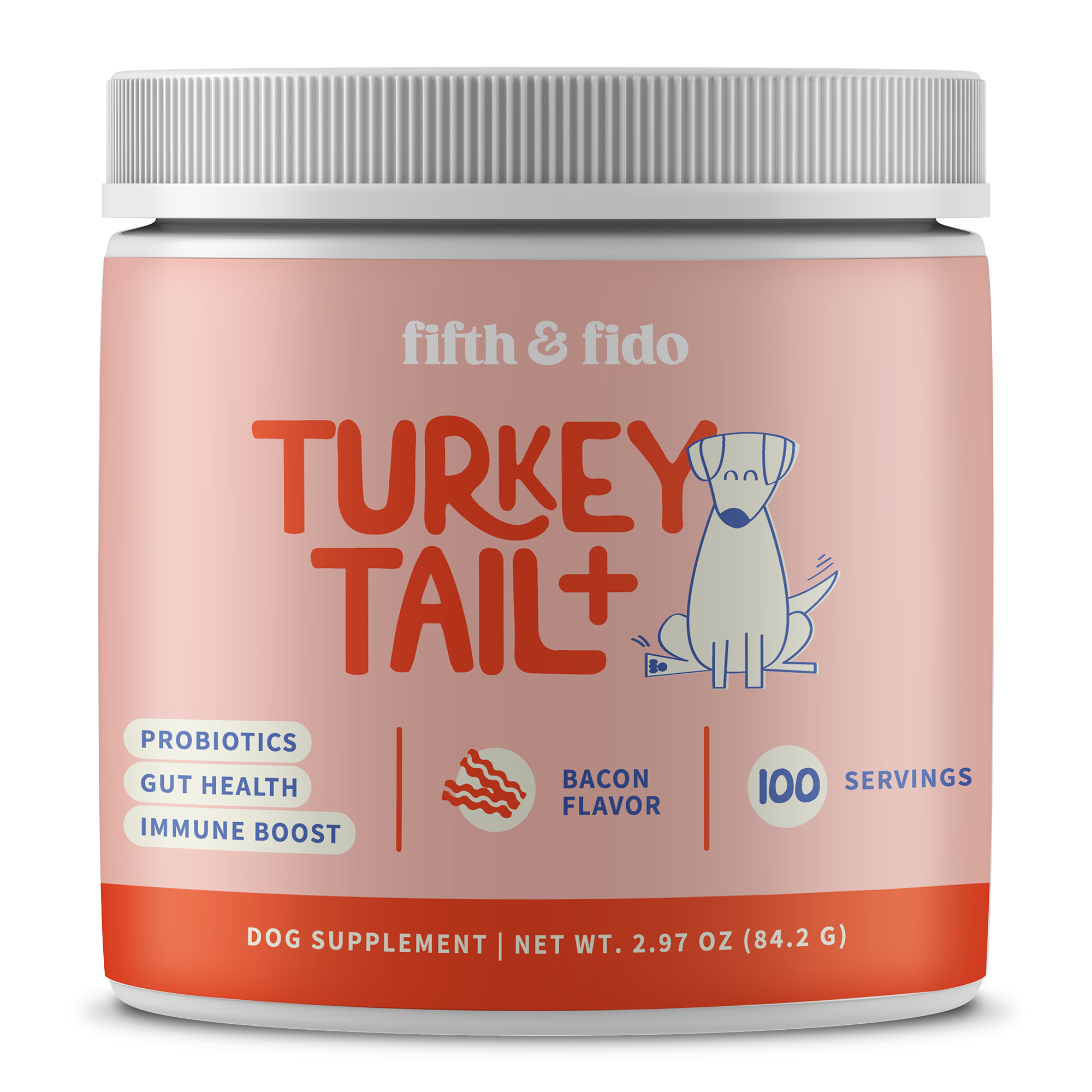 Two containers of Fifth & Fido Turkey Tail+ dog supplement against a peach background.