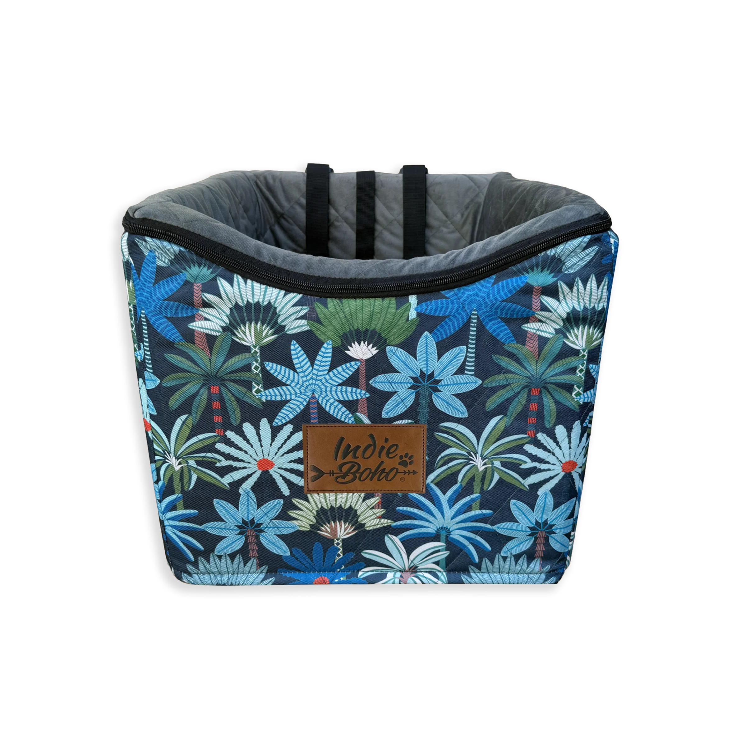 Floral-patterned pet carrier with black bird silhouettes and 'Indie Boho' label.