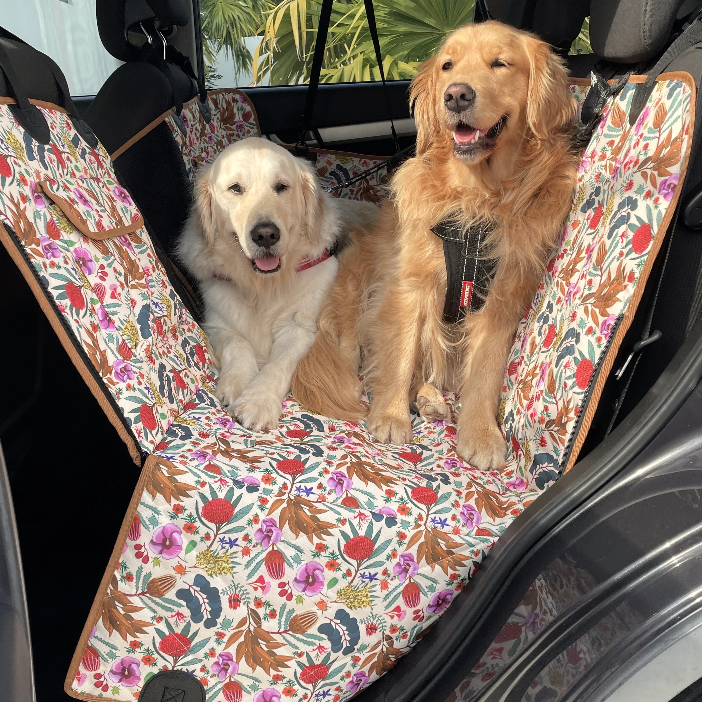 Two dogs sitting on a floral-patterned car seat cover.