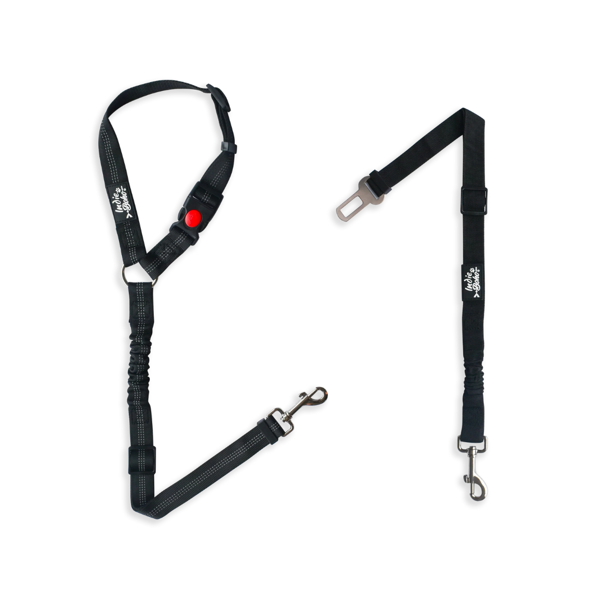 Two black dog seat belts with metal clips and buckles on a black background.