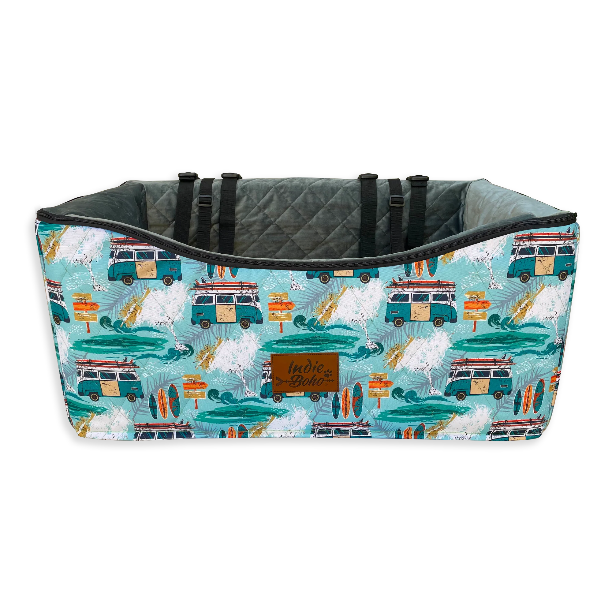 Colorful pet carrier with surf van and wave patterns.