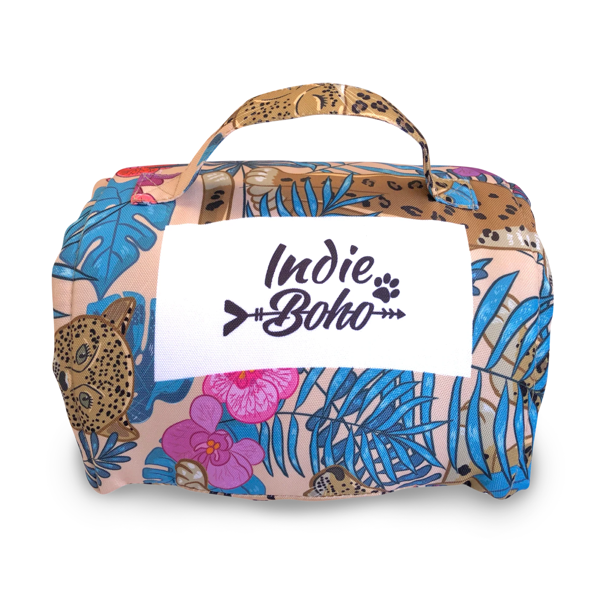 Colorful bag with floral and leopard print, labeled 'Indie Boho.'
