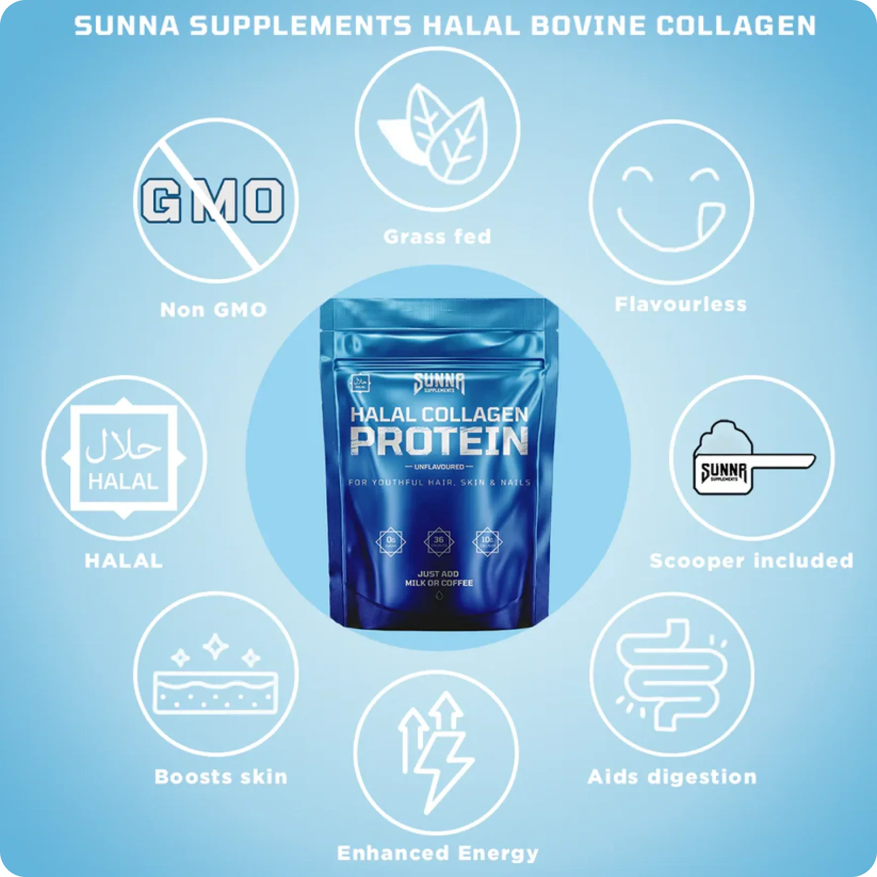 Blue packaging of Sunna Halal Collagen Protein with icons highlighting features like non-GMO and flavourless.