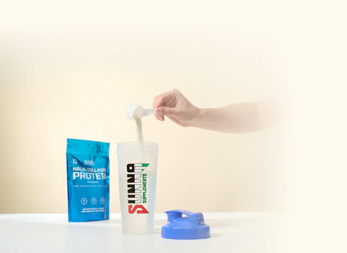 Hand pouring powder into a shaker bottle, with protein bag nearby.