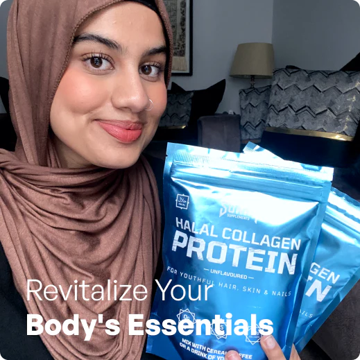Person holding halal collagen protein packages, smiling indoors.