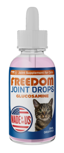 Bottle of Freedom Joint Drops for cats with glucosamine, featuring a cat image and 'Made in the US' label.