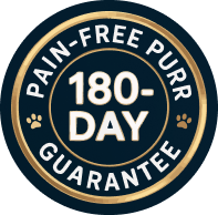 Circular badge with 'Pain-Free Purr 180-Day Guarantee' text and paw prints.