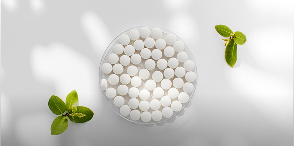 Round white tablets in a dish with green leaves on a white background.