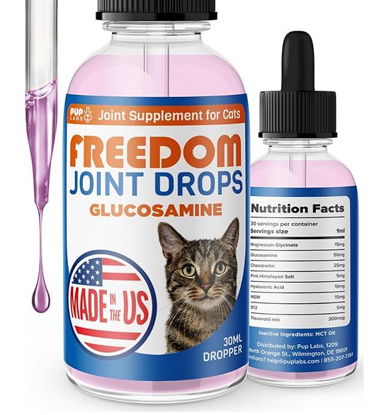 Two bottles of cat joint supplement with a dropper and nutrition facts label.