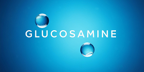 Text 'GLUCOSAMINE' with two water droplets on a blue background.