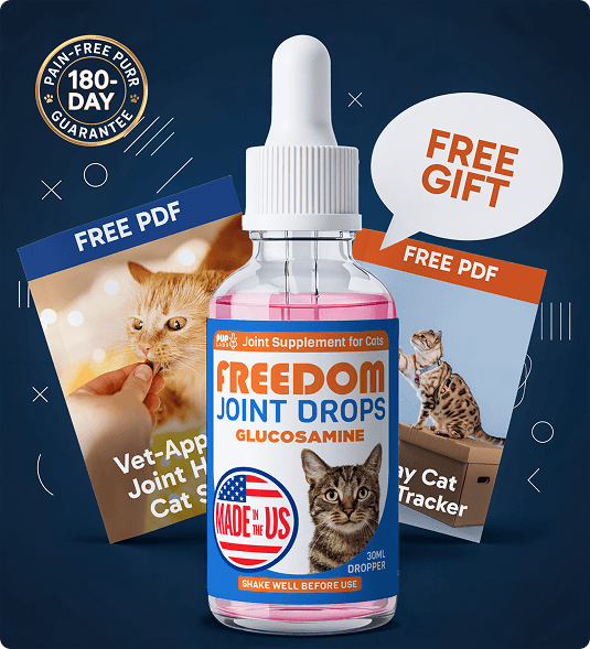Cat supplement bottle with PDFs offering free gifts and a 180-day guarantee.