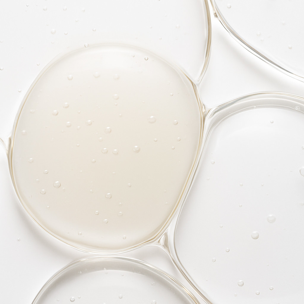 Close-up of clear liquid bubbles on a white surface.