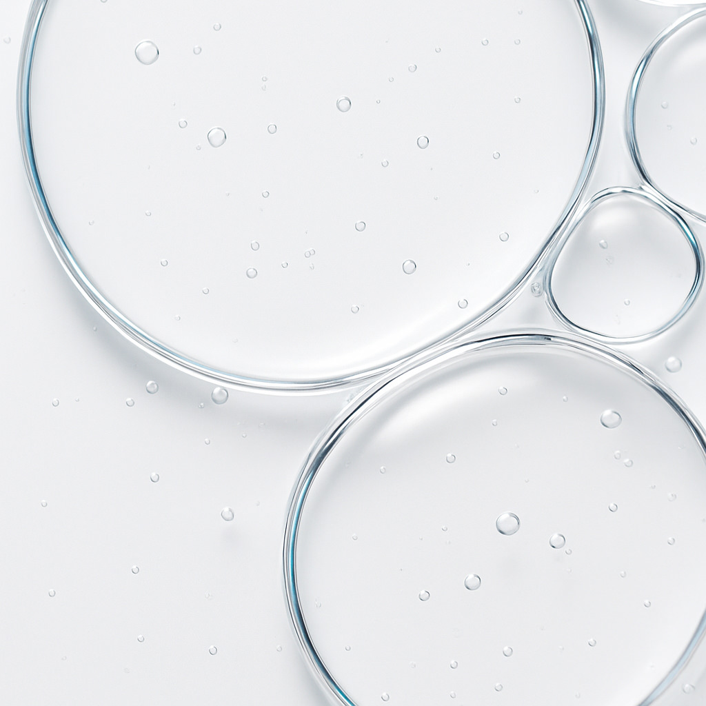 Close-up of clear liquid bubbles on a smooth surface.