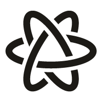 Black atomic symbol with three intersecting elliptical orbits.