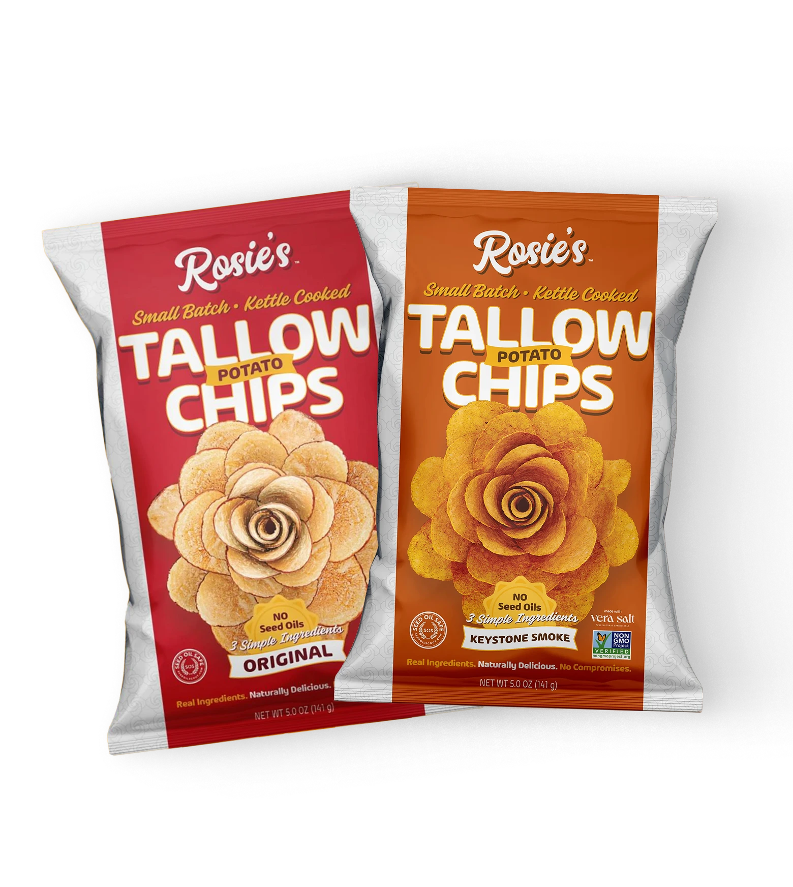 Two bags of Rosie's Tallow Potato Chips in Original and Keystone Smoke flavors against a dark background.