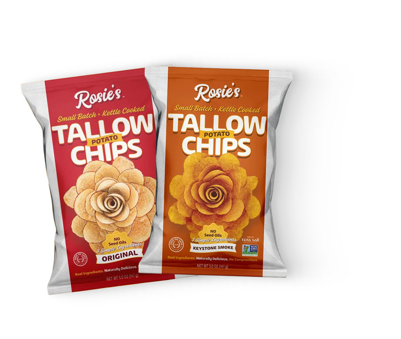 Two bags of Rosie's Tallow Potato Chips, one red bag of Original and one orange bag of Keystone Smoke.