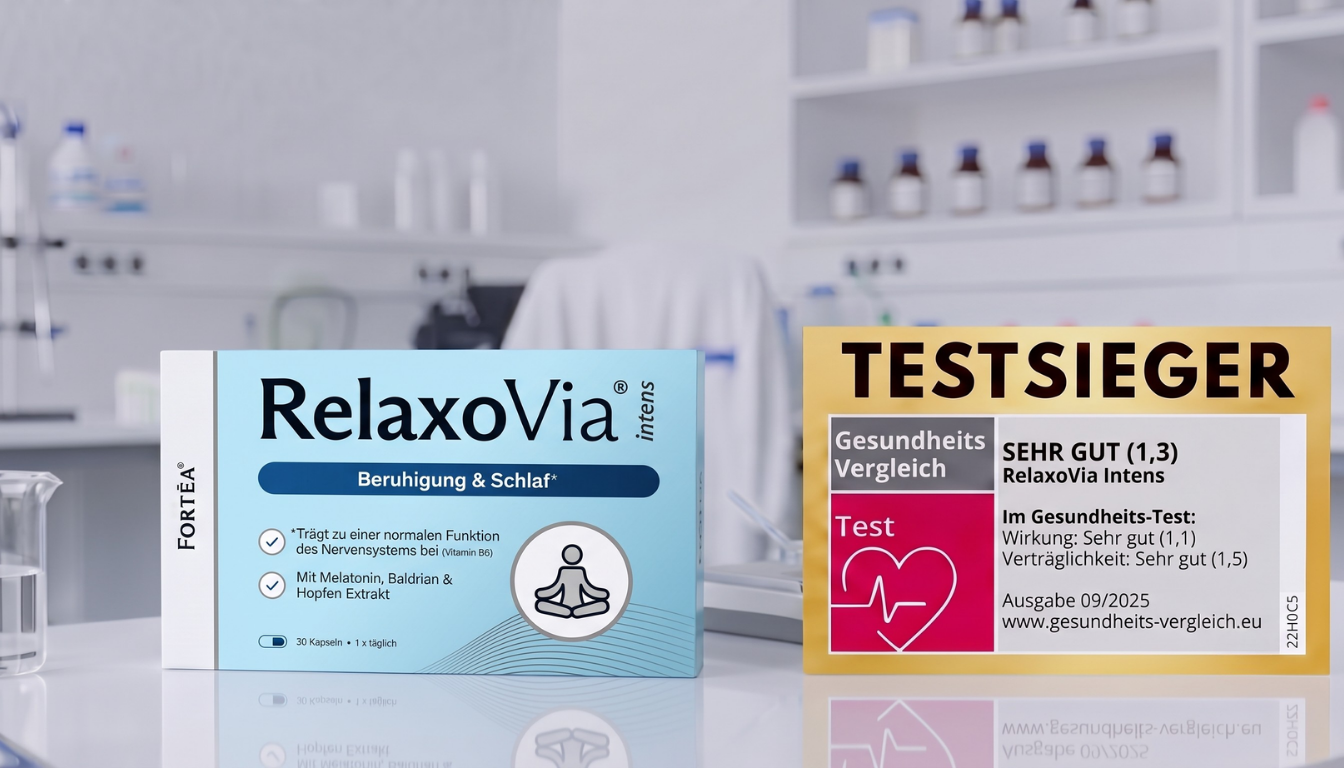A box of RelaxoVia intens supplements sits next to a 'Test Winner' award in a laboratory setting.