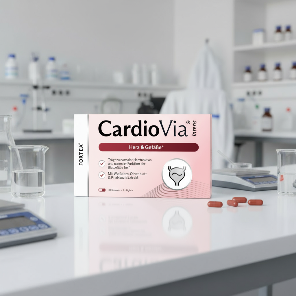 CardioVia supplement box on a laboratory counter with capsules and lab equipment.