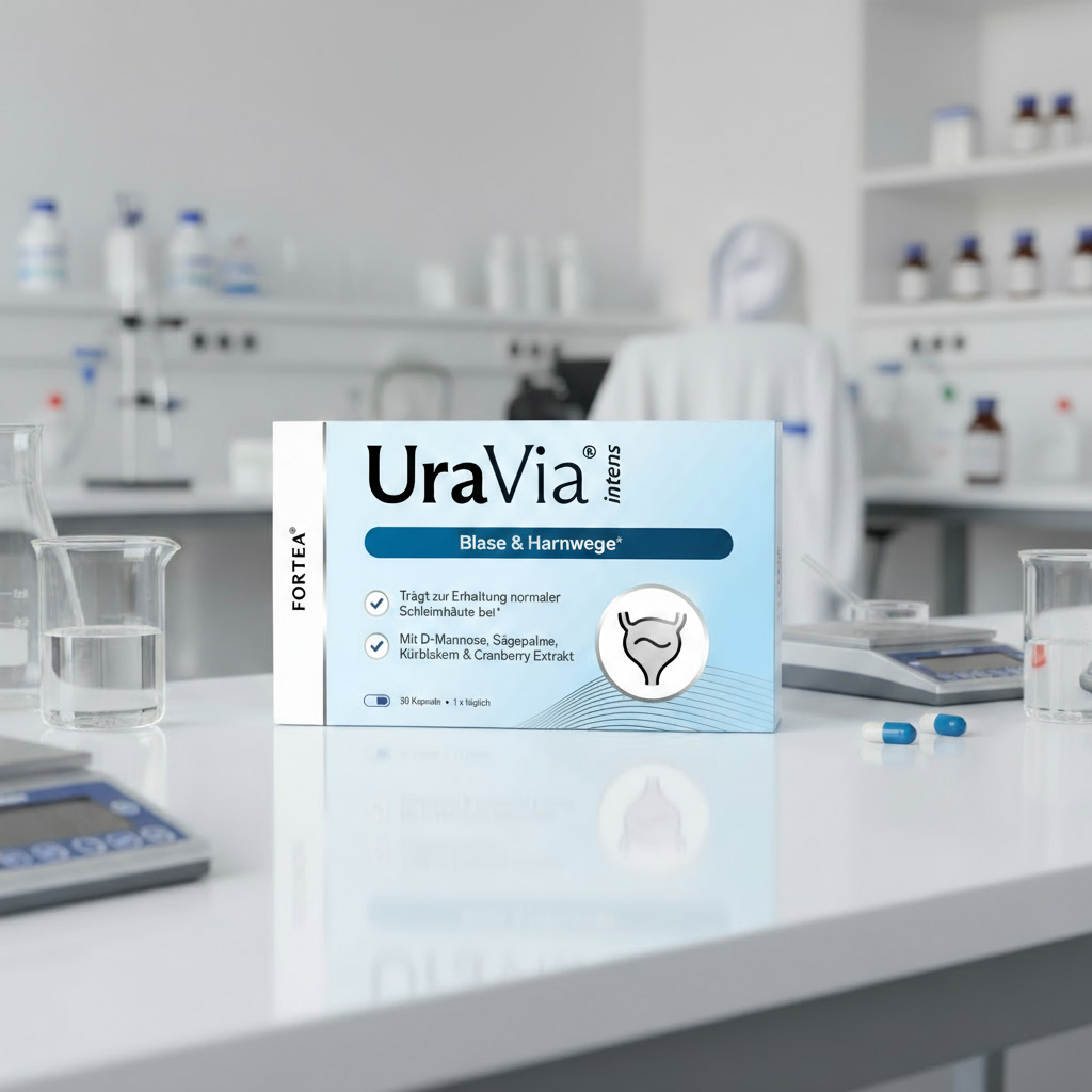UraVia package on a lab table with pills and beakers around.