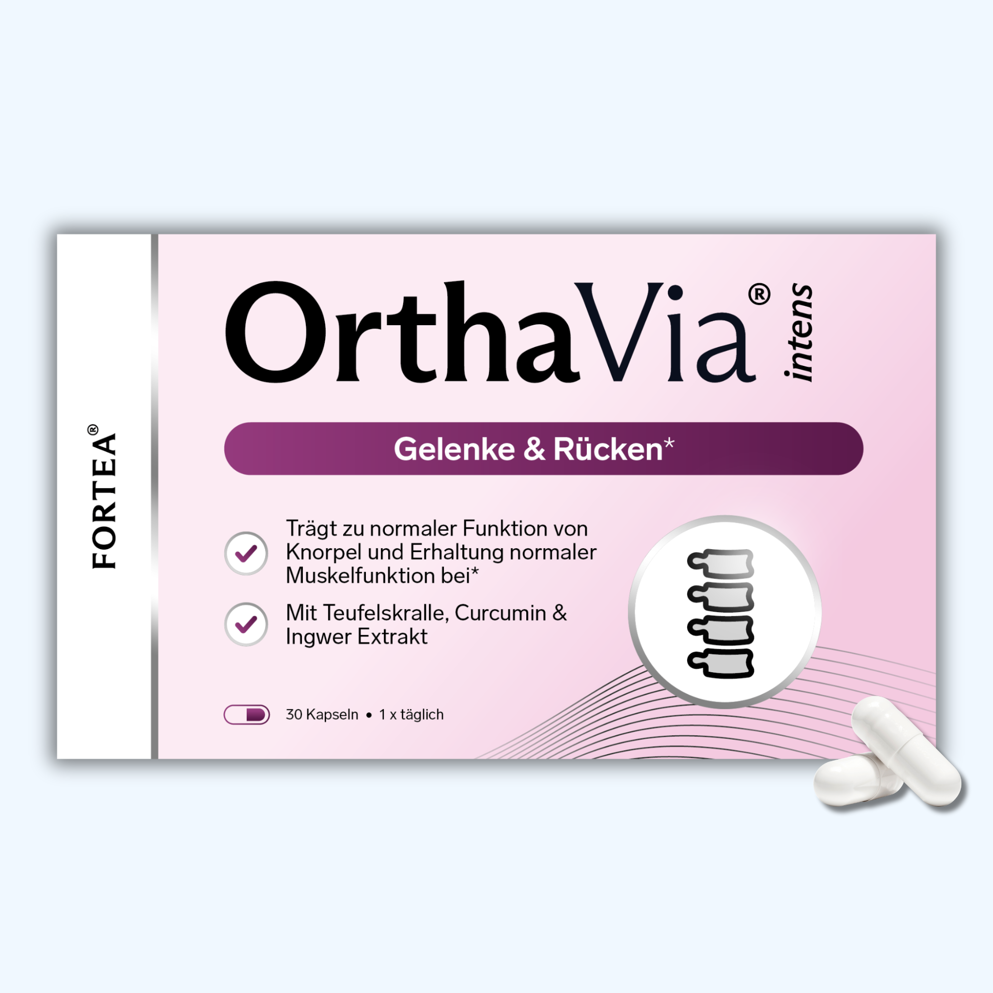 Product packaging for OrthaVia capsules with spine illustration.
