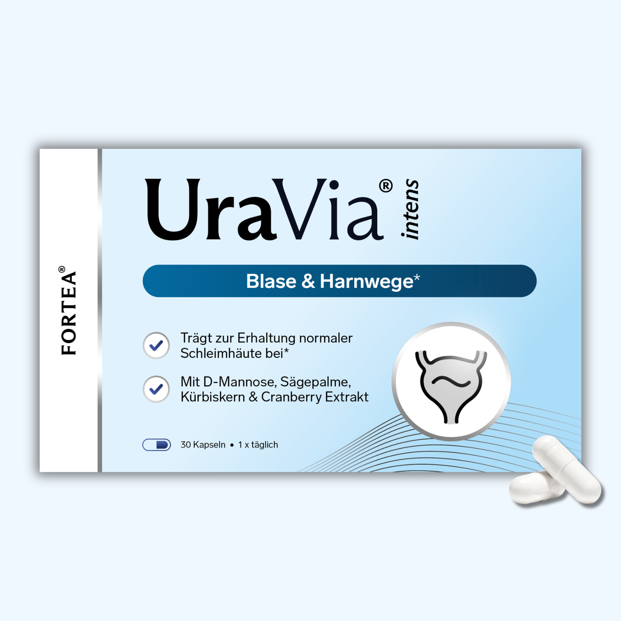 Packaging of UraVia capsules for bladder health with a bladder graphic and capsules shown.