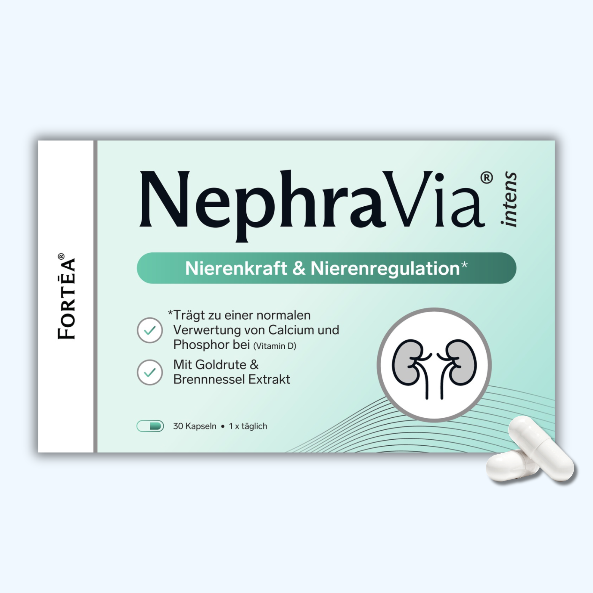 Box of AuroVia capsules for ear and hearing support, with two white capsules shown.