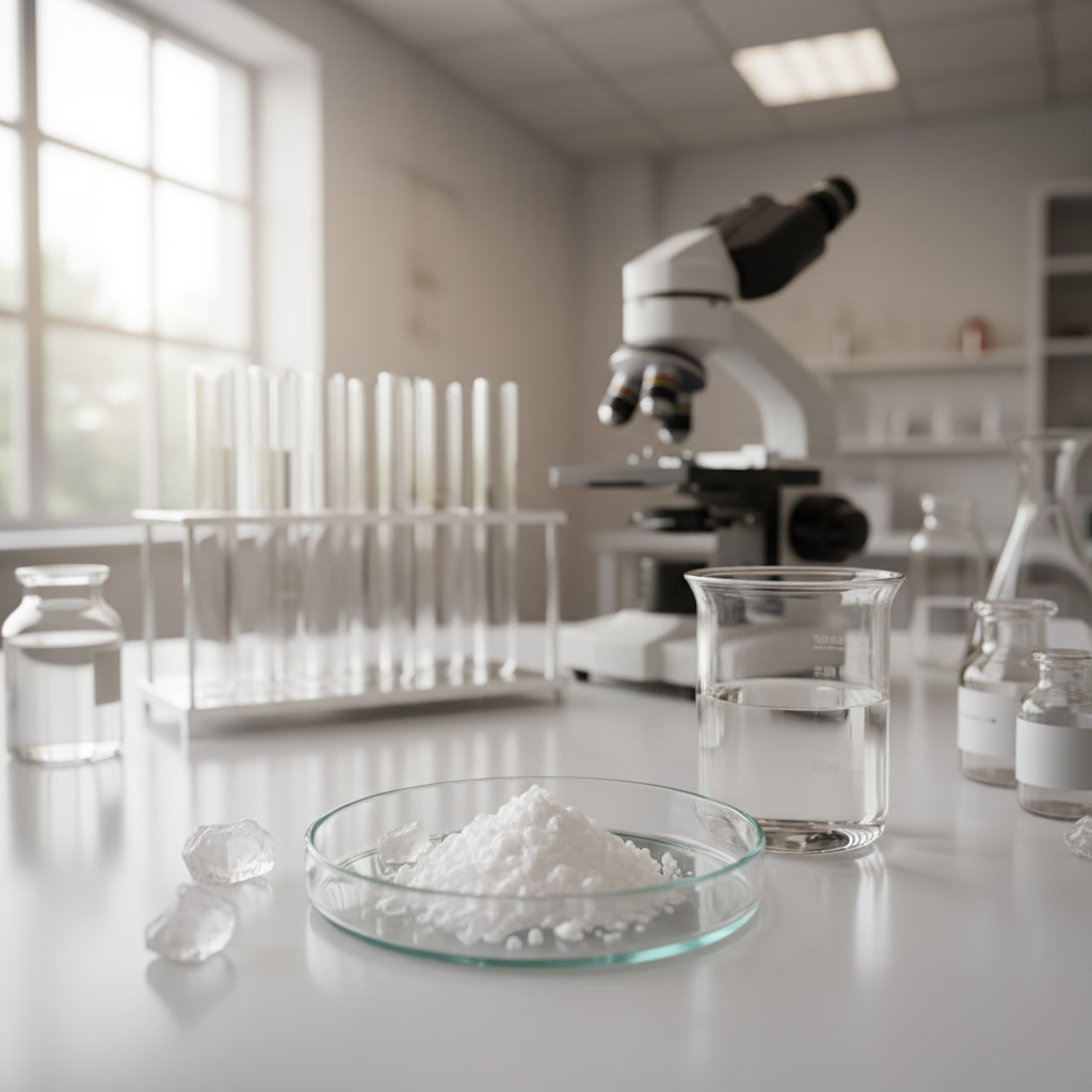 Laboratory with microscope, test tubes, beaker, and Petri dish containing white powder.