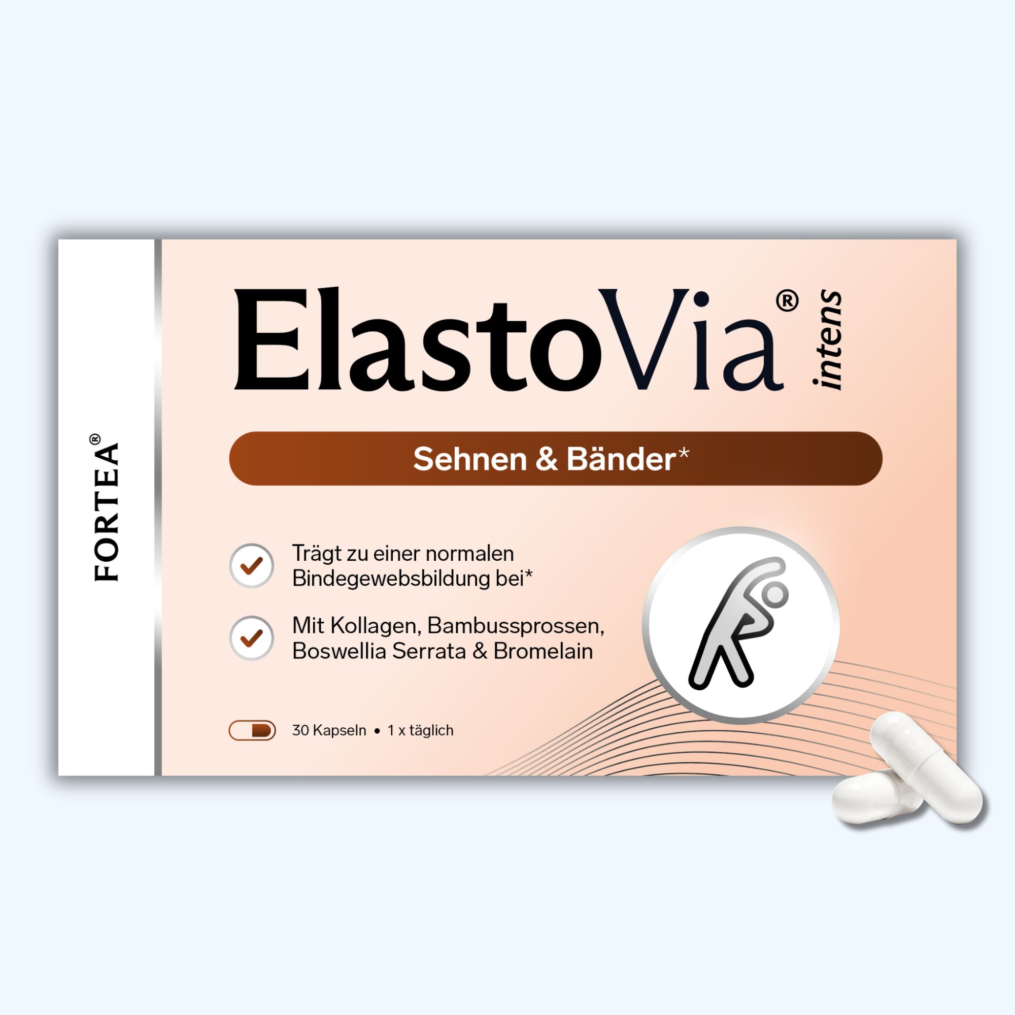 Packaging for ElastoVia capsules with ingredients and dosage information.