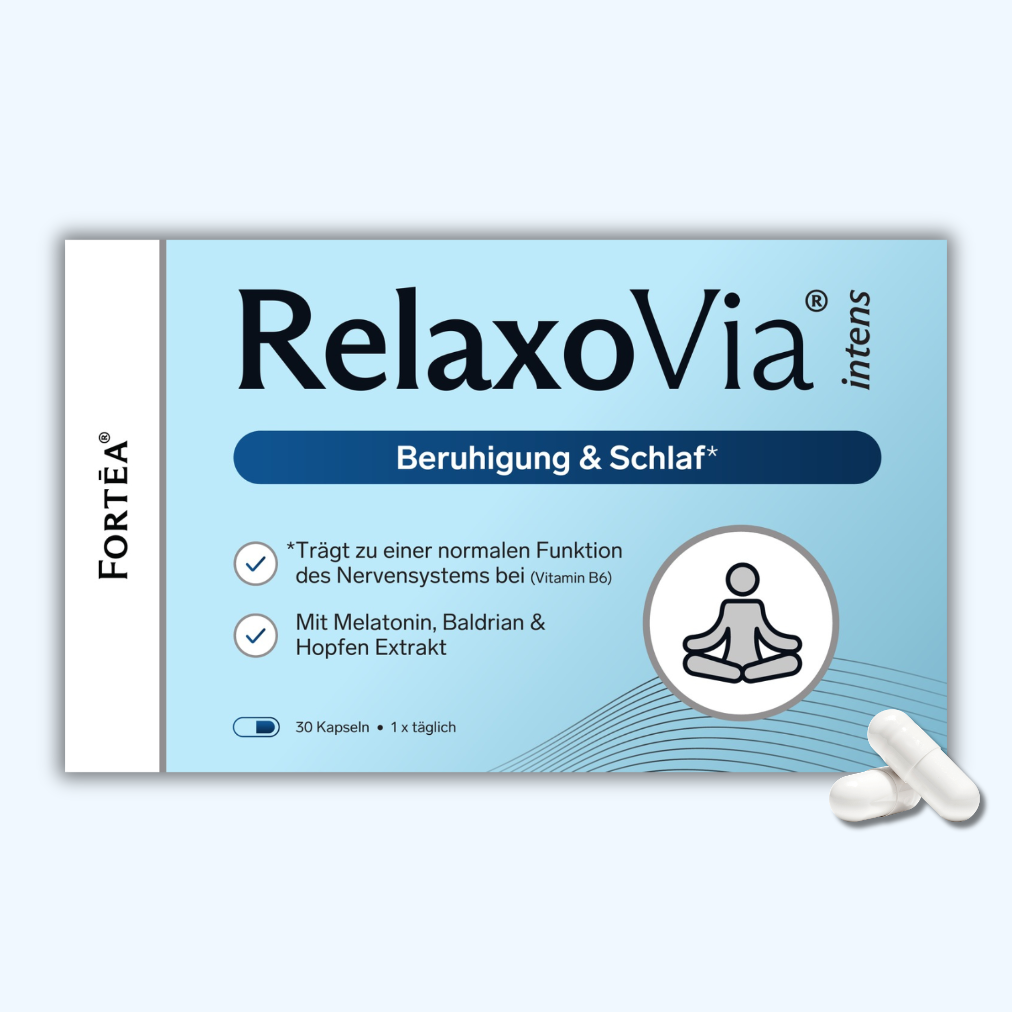 A box of RelaxoVia intens calming and sleep capsules is shown next to two white pills.
