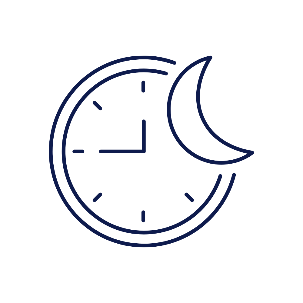 A dark blue line icon of a clock with a crescent moon on the right side.
