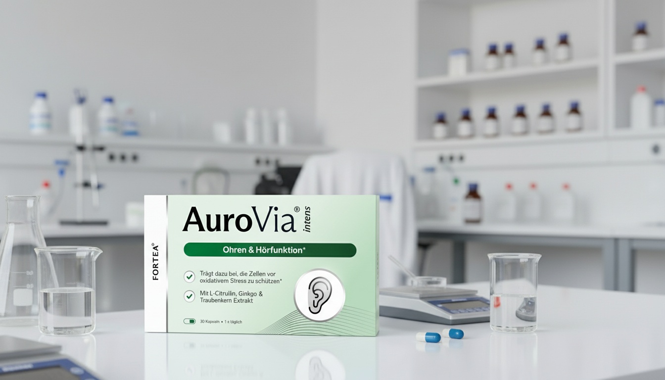 Box of AuroVia with lab equipment in the background.