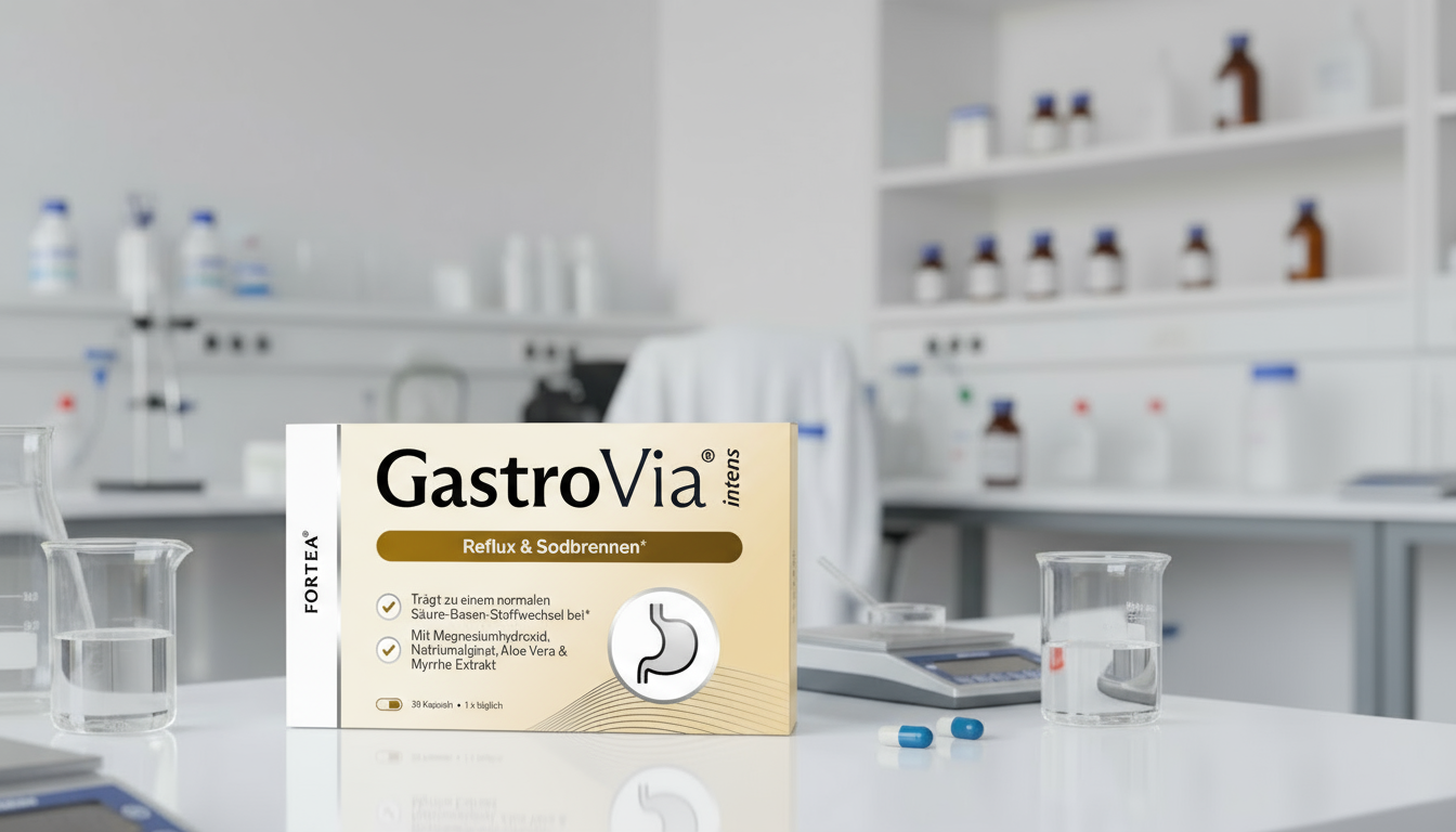 Box of GastroVia capsules on a lab table with beakers and shelves.