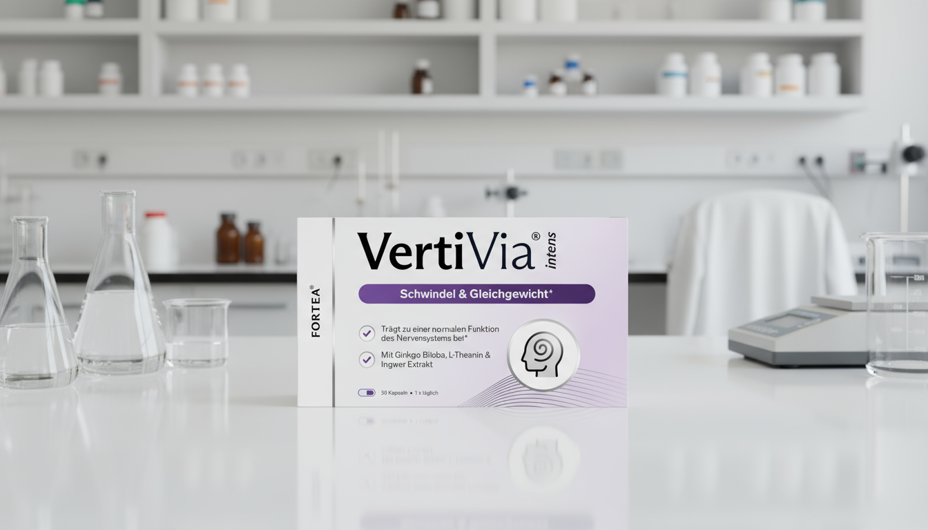 Box labeled 'VertiVia' on a laboratory table with glassware.