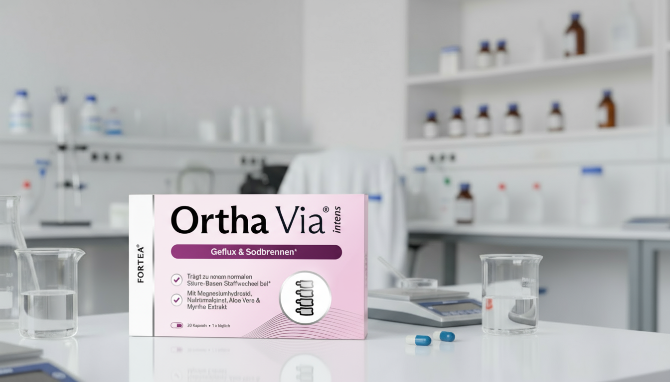 Box of Ortha Via capsules on a laboratory table with glassware in the background.